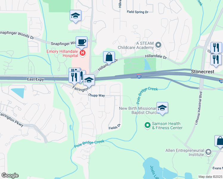 map of restaurants, bars, coffee shops, grocery stores, and more near 5084 Chupp Way Circle in Stonecrest