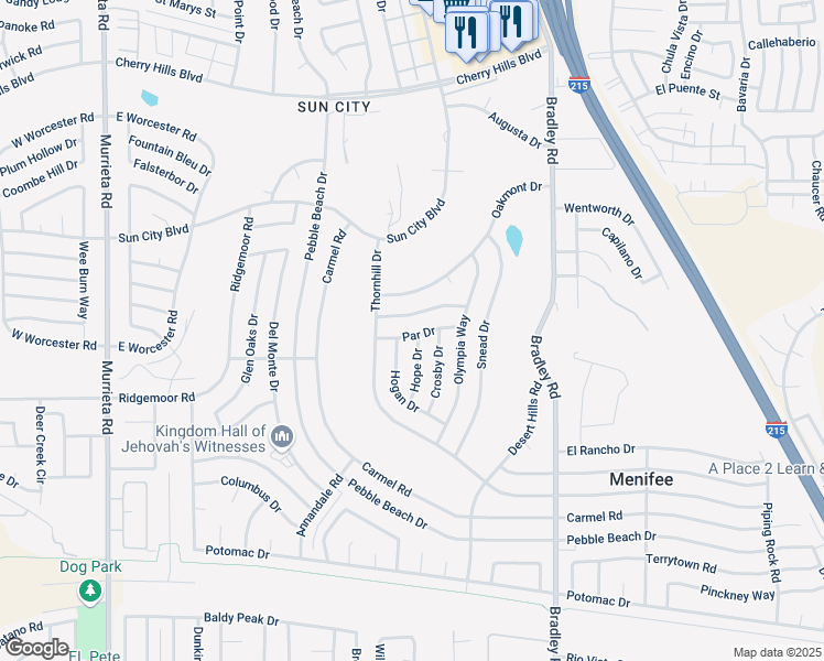 map of restaurants, bars, coffee shops, grocery stores, and more near 26678 Par Drive in Menifee