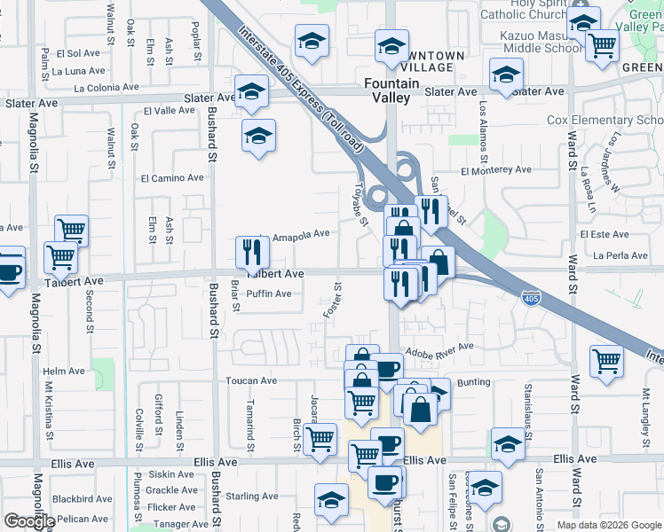 map of restaurants, bars, coffee shops, grocery stores, and more near 17985 Cashew Street in Fountain Valley