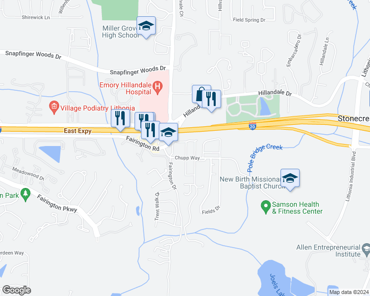 map of restaurants, bars, coffee shops, grocery stores, and more near 5959 Fairington Road in Stonecrest