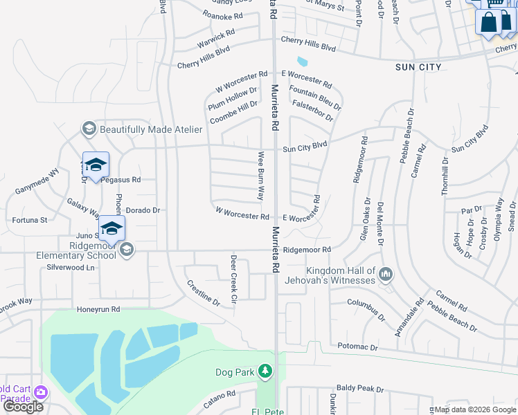 map of restaurants, bars, coffee shops, grocery stores, and more near 25881 Morgantown Way in Menifee