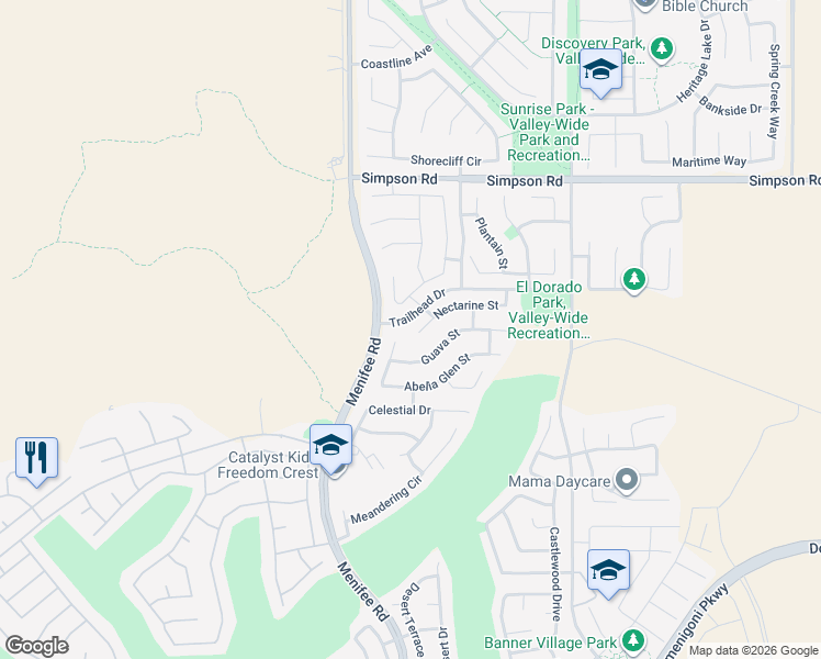 map of restaurants, bars, coffee shops, grocery stores, and more near 29090 Nectarine Street in Menifee