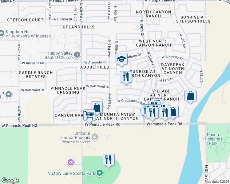 map of restaurants, bars, coffee shops, grocery stores, and more near 23806 North 40th Lane in Glendale