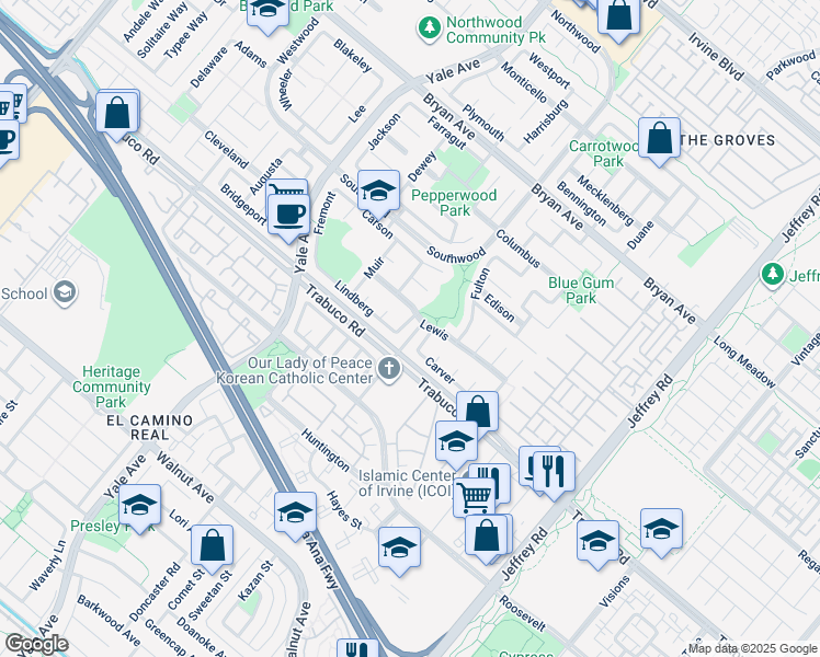 map of restaurants, bars, coffee shops, grocery stores, and more near 5 Lindberg in Irvine