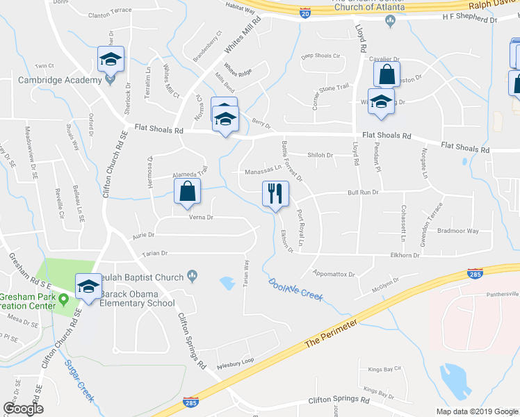 map of restaurants, bars, coffee shops, grocery stores, and more near 2931 Battlecrest Drive in Decatur