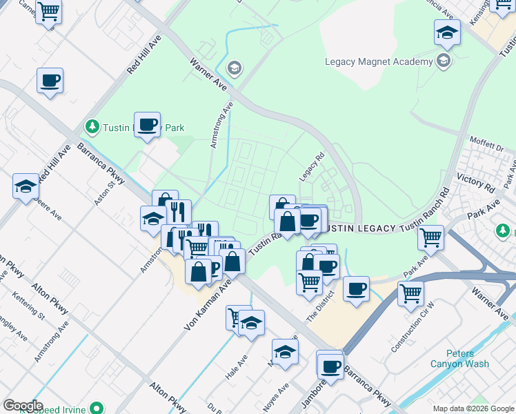 map of restaurants, bars, coffee shops, grocery stores, and more near 16175 Dawn Way in Tustin