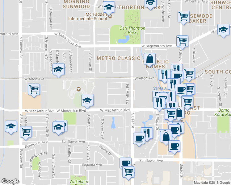 map of restaurants, bars, coffee shops, grocery stores, and more near 1907 West Meadowbrook Drive in Santa Ana