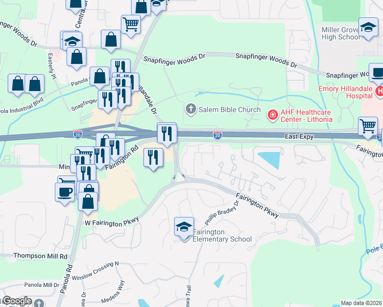 map of restaurants, bars, coffee shops, grocery stores, and more near 21 Rue Fontaine in Stonecrest