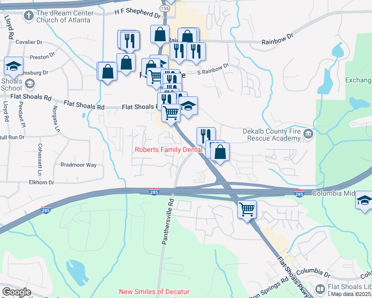 map of restaurants, bars, coffee shops, grocery stores, and more near 3615 Flat Shoals Road in Decatur
