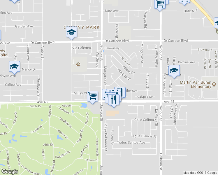 map of restaurants, bars, coffee shops, grocery stores, and more near 47750 Mirage Way in Indio