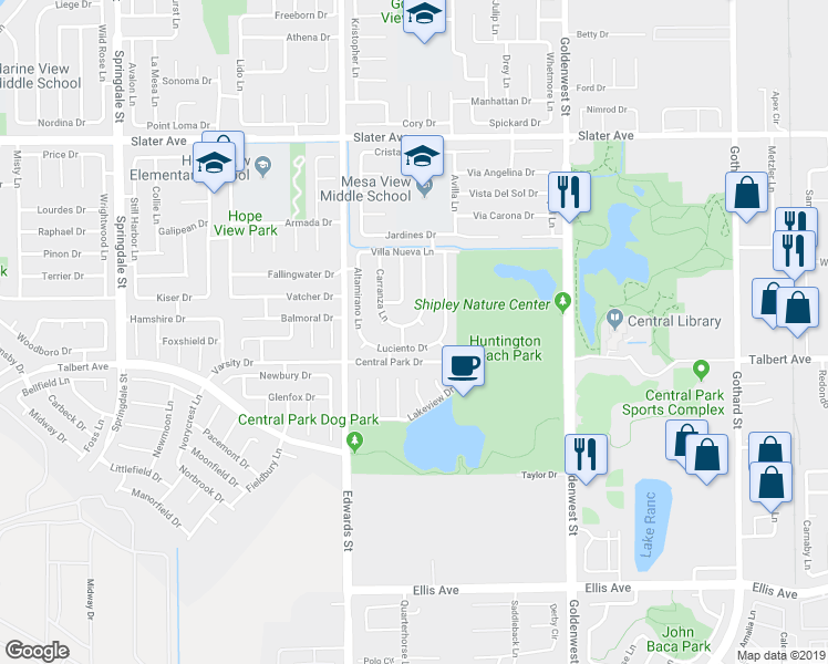 map of restaurants, bars, coffee shops, grocery stores, and more near 17912 Quintana Lane in Huntington Beach