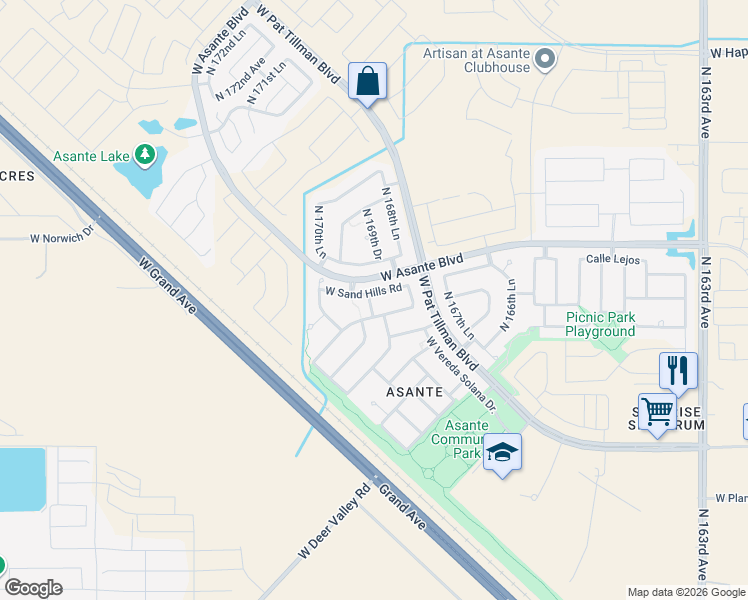 map of restaurants, bars, coffee shops, grocery stores, and more near 16925 West Sand Hills Road in Surprise