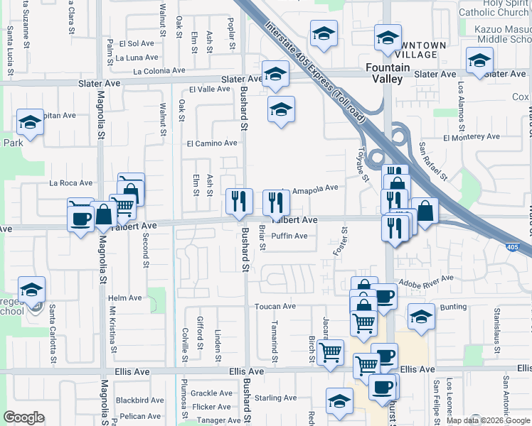 map of restaurants, bars, coffee shops, grocery stores, and more near 9584 Acklay Circle in Fountain Valley
