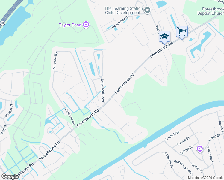 map of restaurants, bars, coffee shops, grocery stores, and more near 3016 Forestbrook Road in Myrtle Beach