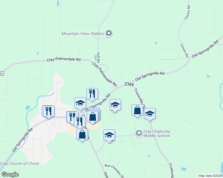 map of restaurants, bars, coffee shops, grocery stores, and more near 6776 Old Springville Road in Pinson