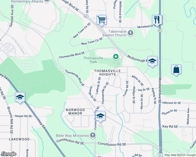 map of restaurants, bars, coffee shops, grocery stores, and more near 1935 Lathrop Street Southeast in Atlanta