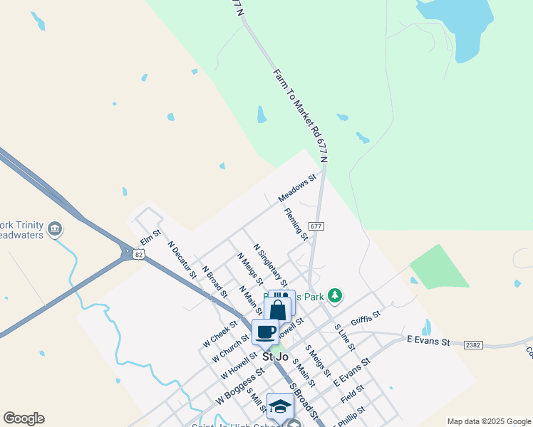 map of restaurants, bars, coffee shops, grocery stores, and more near 500 Meadows Street in Saint Jo