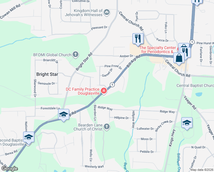 map of restaurants, bars, coffee shops, grocery stores, and more near 3806 Georgia 5 in Douglasville