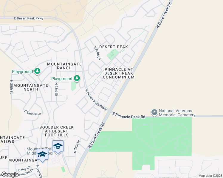 map of restaurants, bars, coffee shops, grocery stores, and more near 23555 North Desert Peak Parkway in Phoenix