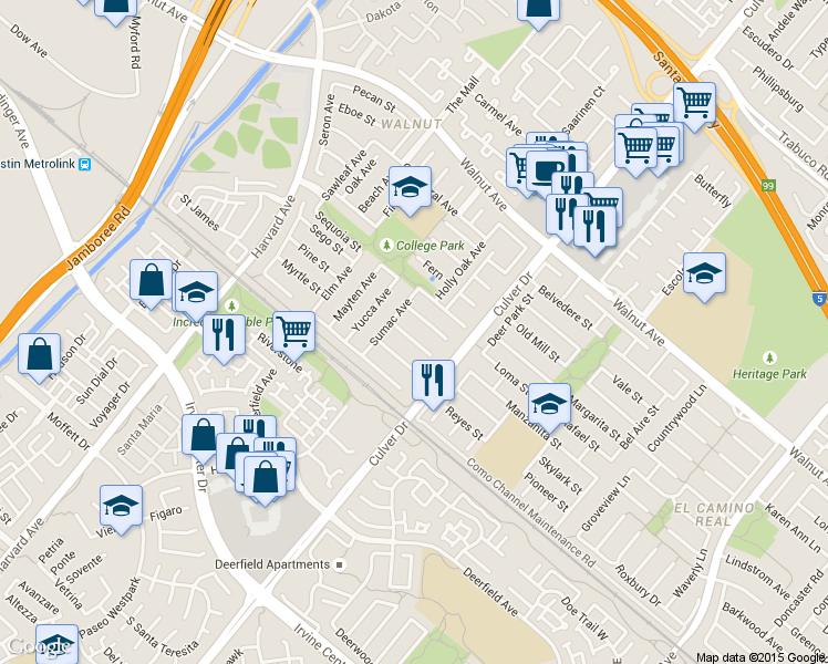 map of restaurants, bars, coffee shops, grocery stores, and more near 3862 Balsa Street in Irvine
