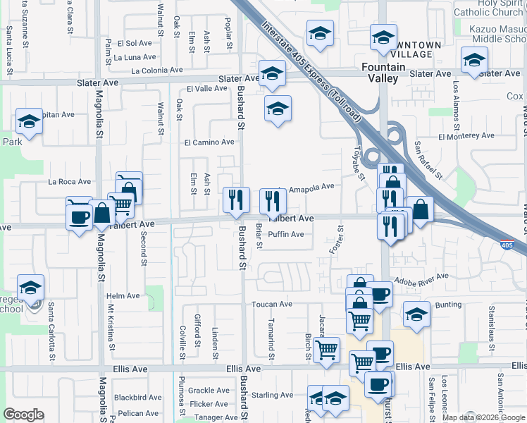 map of restaurants, bars, coffee shops, grocery stores, and more near 9584 Acklay Circle in Fountain Valley