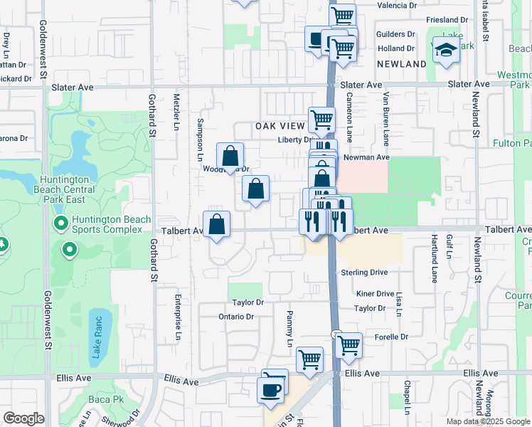 map of restaurants, bars, coffee shops, grocery stores, and more near 17951 Baron Circle in Huntington Beach