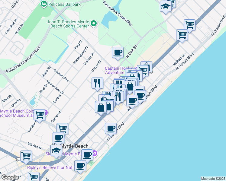 map of restaurants, bars, coffee shops, grocery stores, and more near 1903 Legion Street in Myrtle Beach