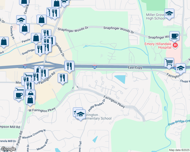 map of restaurants, bars, coffee shops, grocery stores, and more near 71 Place Fontaine in Stonecrest