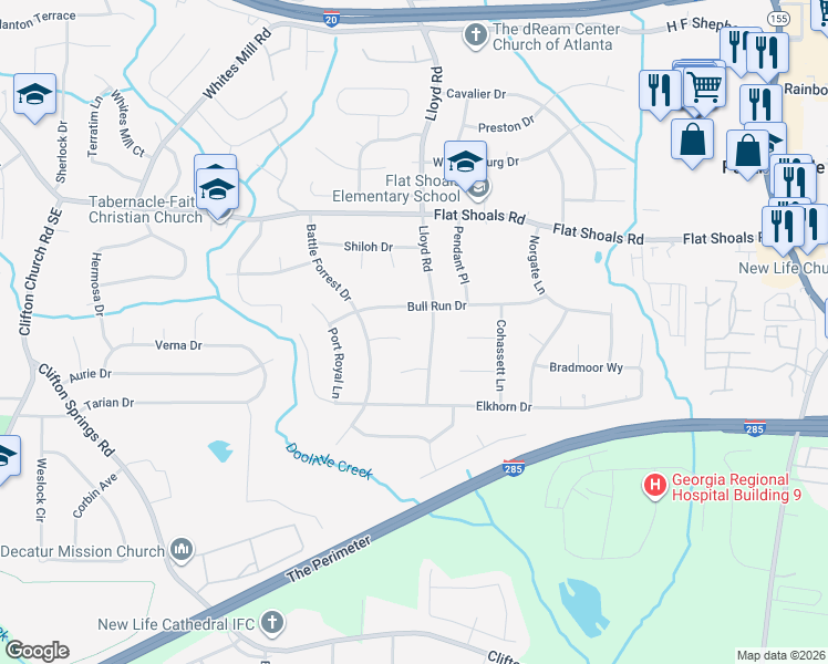 map of restaurants, bars, coffee shops, grocery stores, and more near 2522 Monitor Court in Decatur