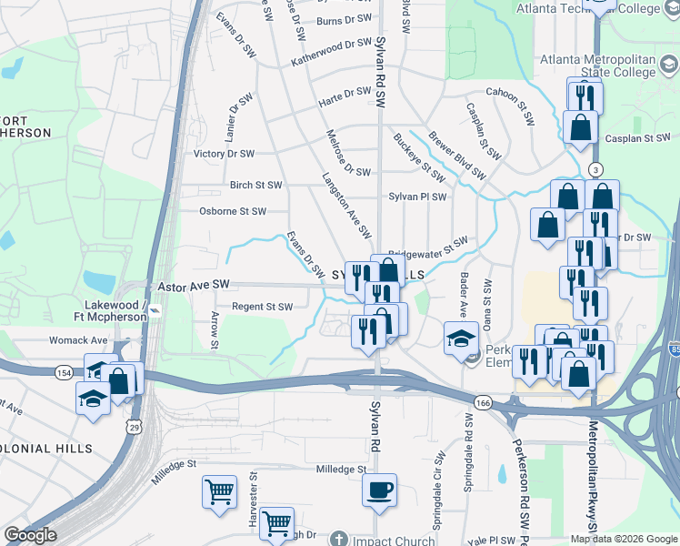map of restaurants, bars, coffee shops, grocery stores, and more near 1931 Sylvan Road Southwest in Atlanta