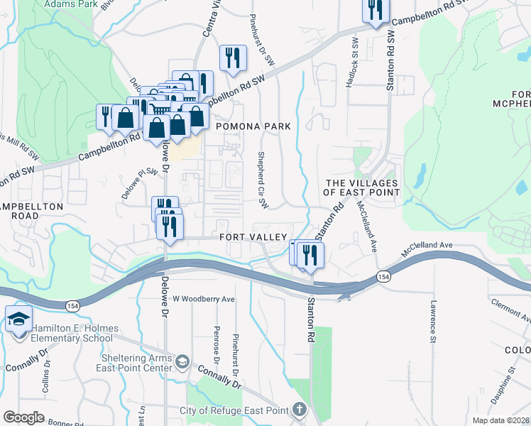map of restaurants, bars, coffee shops, grocery stores, and more near 1931 Shepherd Circle Southwest in Atlanta