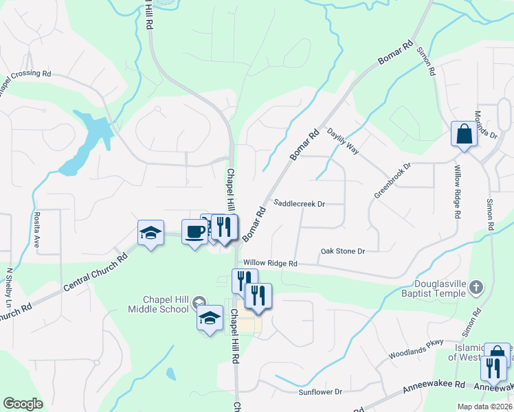map of restaurants, bars, coffee shops, grocery stores, and more near 3905 Saddlecreek Drive in Douglasville