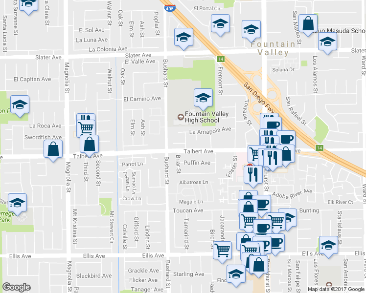 map of restaurants, bars, coffee shops, grocery stores, and more near 9584 Acklay Circle in Fountain Valley