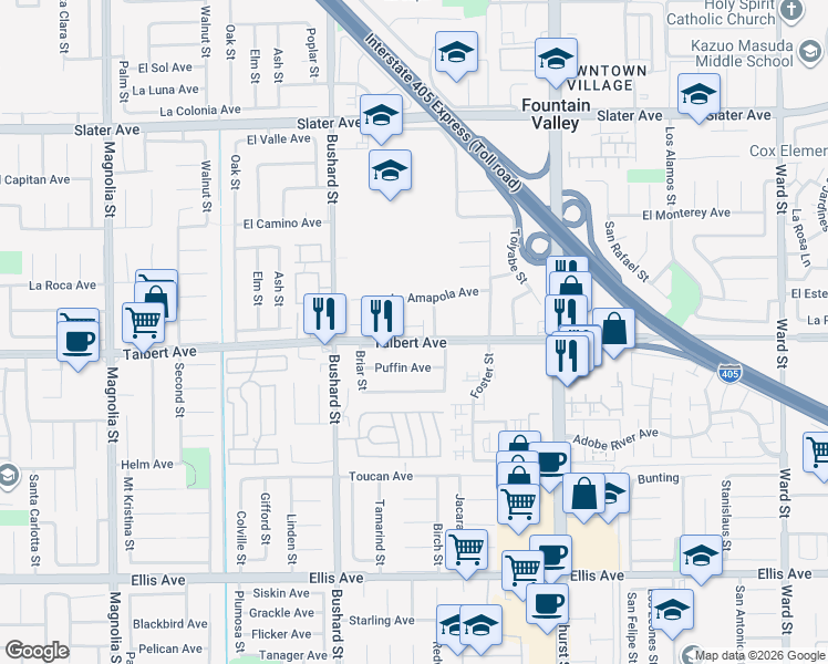 map of restaurants, bars, coffee shops, grocery stores, and more near 9669 Talbert Avenue in Fountain Valley