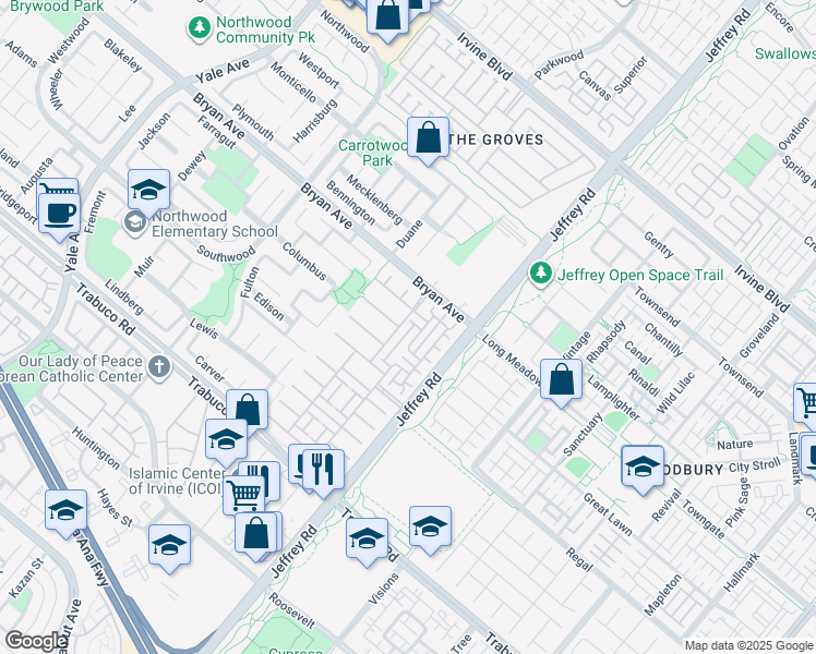 map of restaurants, bars, coffee shops, grocery stores, and more near 40 Midsummer in Irvine
