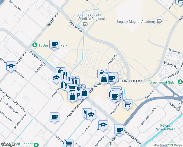 map of restaurants, bars, coffee shops, grocery stores, and more near 16130 Dawn Way in Irvine