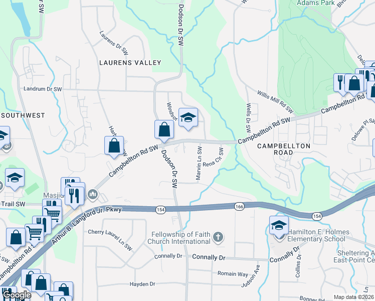 map of restaurants, bars, coffee shops, grocery stores, and more near 2600 Campbellton Road Southwest in Atlanta