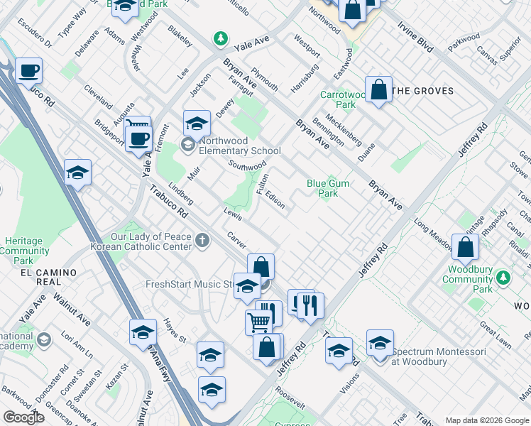 map of restaurants, bars, coffee shops, grocery stores, and more near 11 De Forest in Irvine
