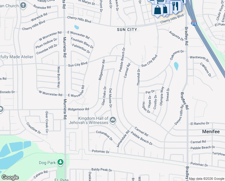map of restaurants, bars, coffee shops, grocery stores, and more near 28860 Del Monte Drive in Menifee