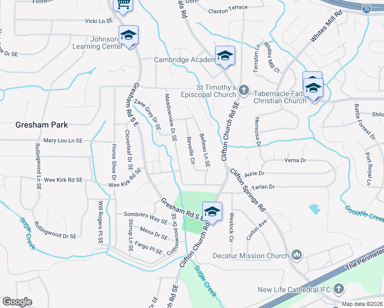 map of restaurants, bars, coffee shops, grocery stores, and more near 2898 Reveille Circle in Atlanta