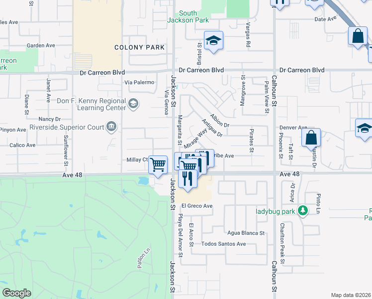 map of restaurants, bars, coffee shops, grocery stores, and more near 47750 Mirage Way in Indio