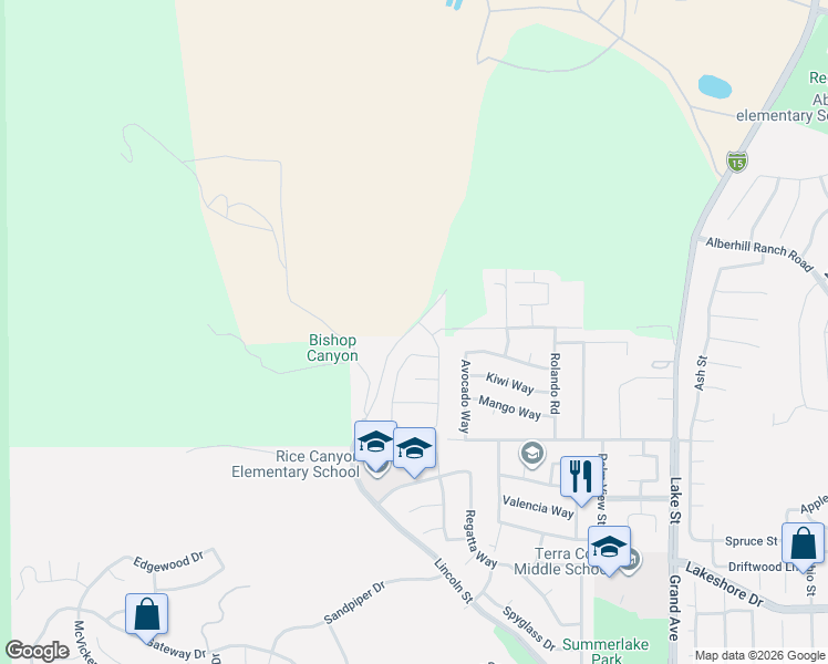 map of restaurants, bars, coffee shops, grocery stores, and more near 16551 Evans Way in Lake Elsinore