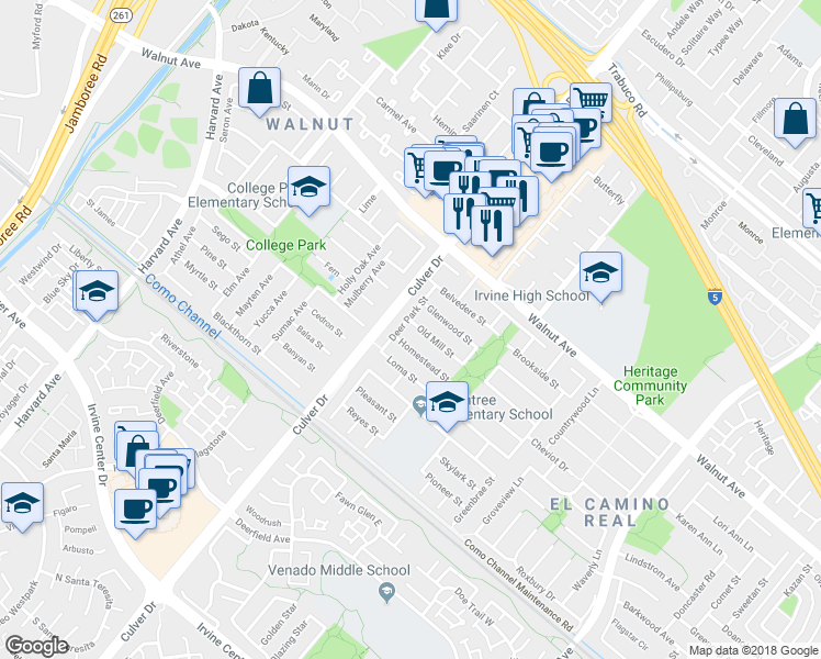 map of restaurants, bars, coffee shops, grocery stores, and more near 4052 Old Mill Street in Irvine
