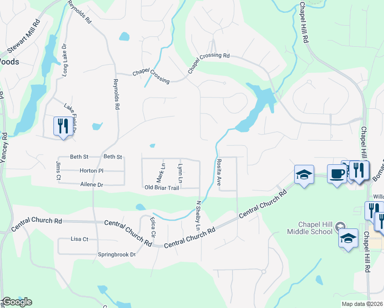 map of restaurants, bars, coffee shops, grocery stores, and more near 5070 Old Briar Trail in Douglasville