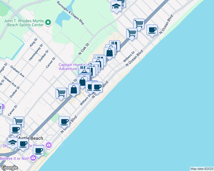 map of restaurants, bars, coffee shops, grocery stores, and more near 2208 North Ocean Boulevard in Myrtle Beach