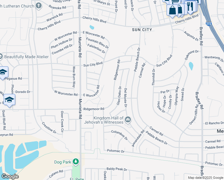 map of restaurants, bars, coffee shops, grocery stores, and more near 26378 Ridgemoor Road in Menifee