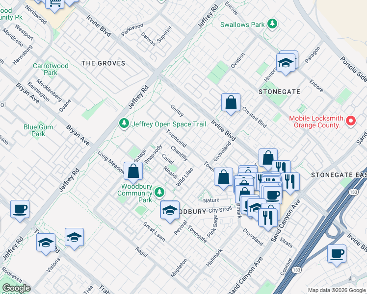 map of restaurants, bars, coffee shops, grocery stores, and more near 88 Townsend in Irvine