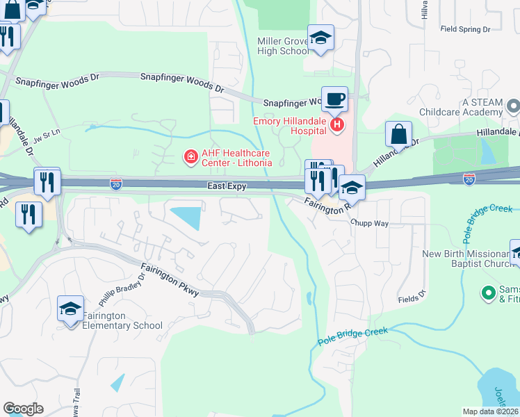 map of restaurants, bars, coffee shops, grocery stores, and more near 109 Willowick Drive in Stonecrest