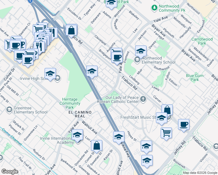 map of restaurants, bars, coffee shops, grocery stores, and more near 320 Roosevelt in Irvine