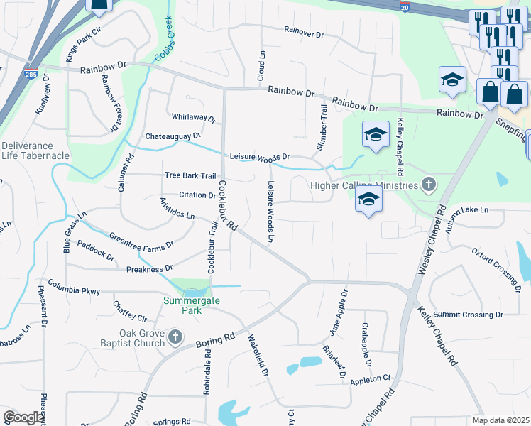 map of restaurants, bars, coffee shops, grocery stores, and more near 2863 Leisure Woods Lane in Decatur